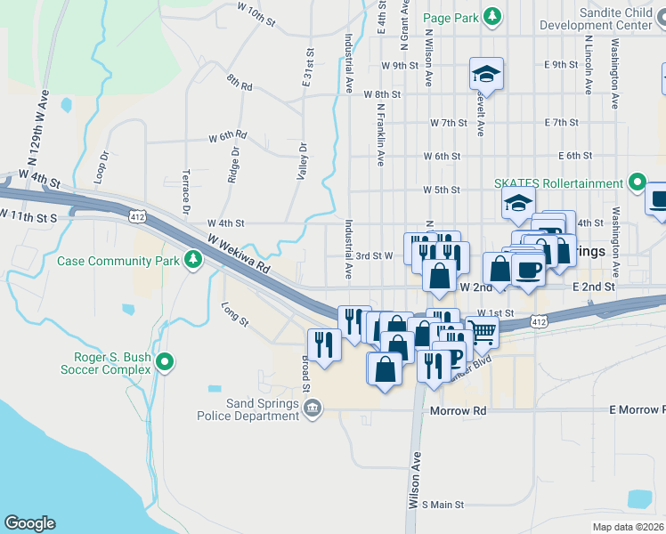 map of restaurants, bars, coffee shops, grocery stores, and more near 217 North Walnut Avenue in Sand Springs