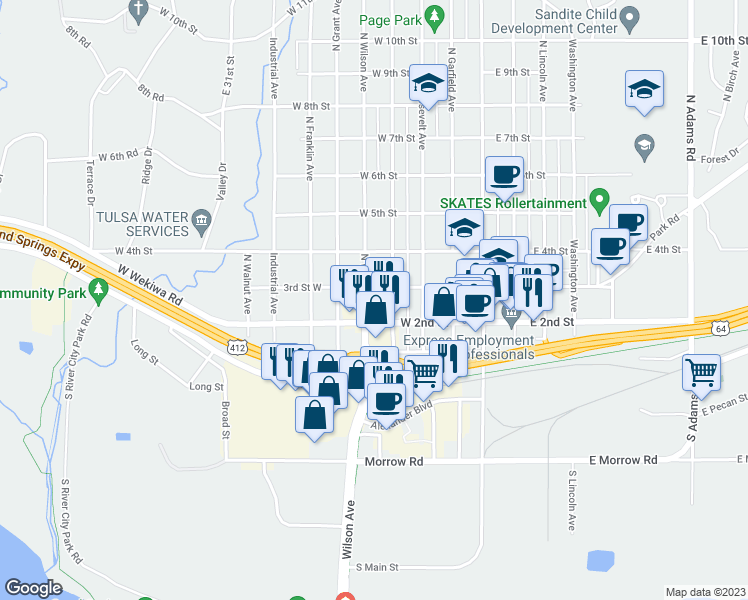 map of restaurants, bars, coffee shops, grocery stores, and more near 224 North Wilson Avenue in Sand Springs