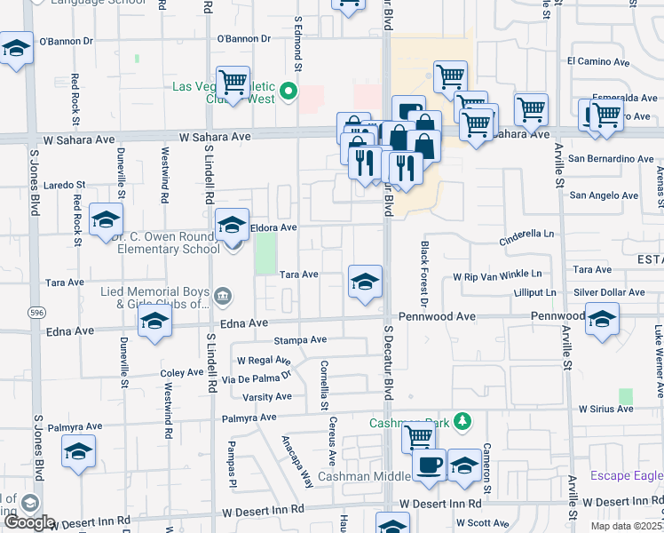 map of restaurants, bars, coffee shops, grocery stores, and more near 5070 Tara Avenue in Las Vegas