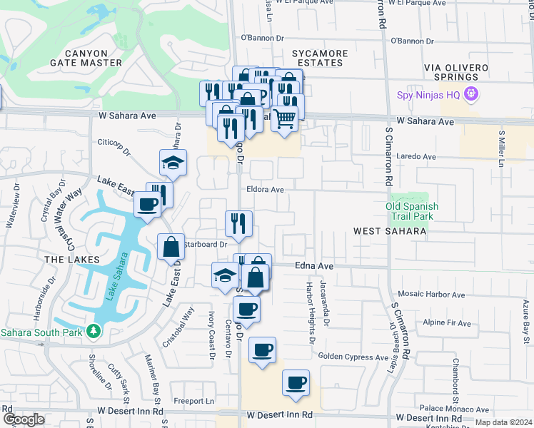 map of restaurants, bars, coffee shops, grocery stores, and more near 2750 South Durango Drive in Las Vegas