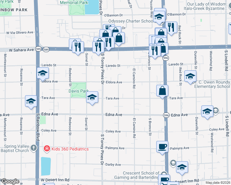 map of restaurants, bars, coffee shops, grocery stores, and more near 2755 Mann Street in Las Vegas