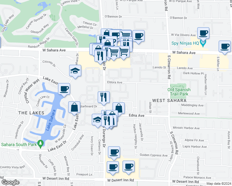 map of restaurants, bars, coffee shops, grocery stores, and more near 2750 South Durango Drive in Las Vegas