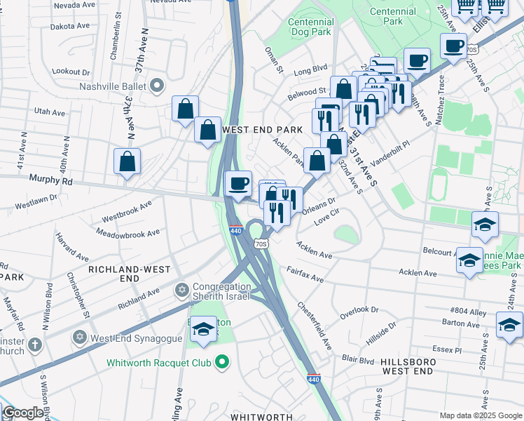 map of restaurants, bars, coffee shops, grocery stores, and more near 3431 Murphy Road in Nashville