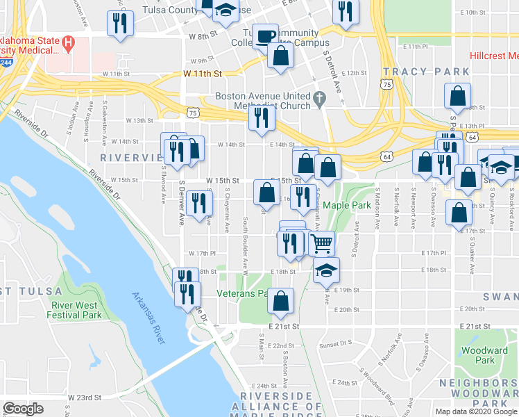 map of restaurants, bars, coffee shops, grocery stores, and more near 1516 South Boston Avenue in Tulsa