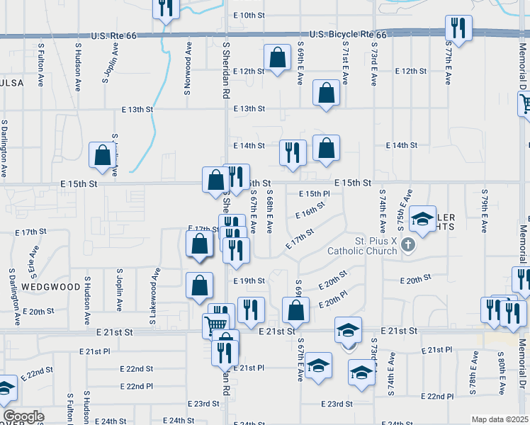 map of restaurants, bars, coffee shops, grocery stores, and more near 1540 South 68th East Avenue in Tulsa