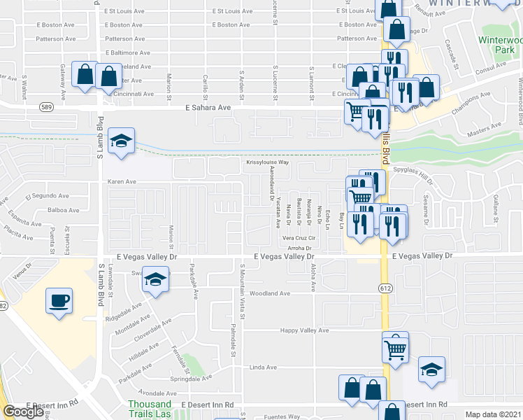 map of restaurants, bars, coffee shops, grocery stores, and more near 4651 Amberleigh Lane in Las Vegas