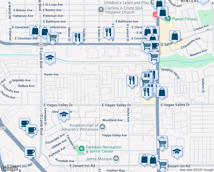 map of restaurants, bars, coffee shops, grocery stores, and more near 4670 Amberleigh Lane in Las Vegas
