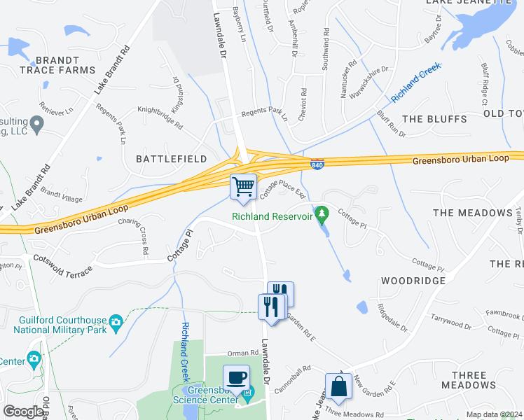 map of restaurants, bars, coffee shops, grocery stores, and more near 4608 Lawndale Drive in Greensboro