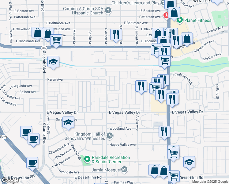 map of restaurants, bars, coffee shops, grocery stores, and more near 4651 Amberleigh Lane in Las Vegas