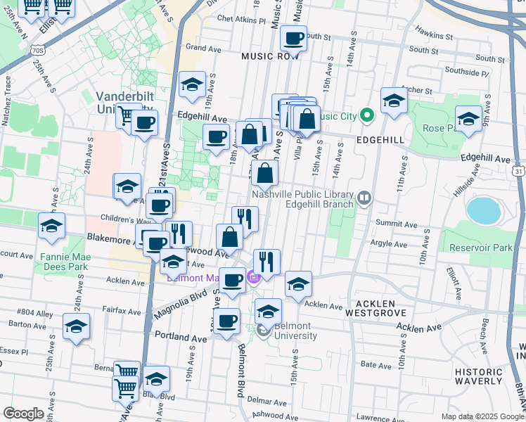 map of restaurants, bars, coffee shops, grocery stores, and more near 1505 16th Avenue South in Nashville