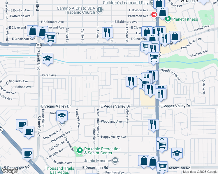 map of restaurants, bars, coffee shops, grocery stores, and more near 2777 Aarondavid Drive in Las Vegas