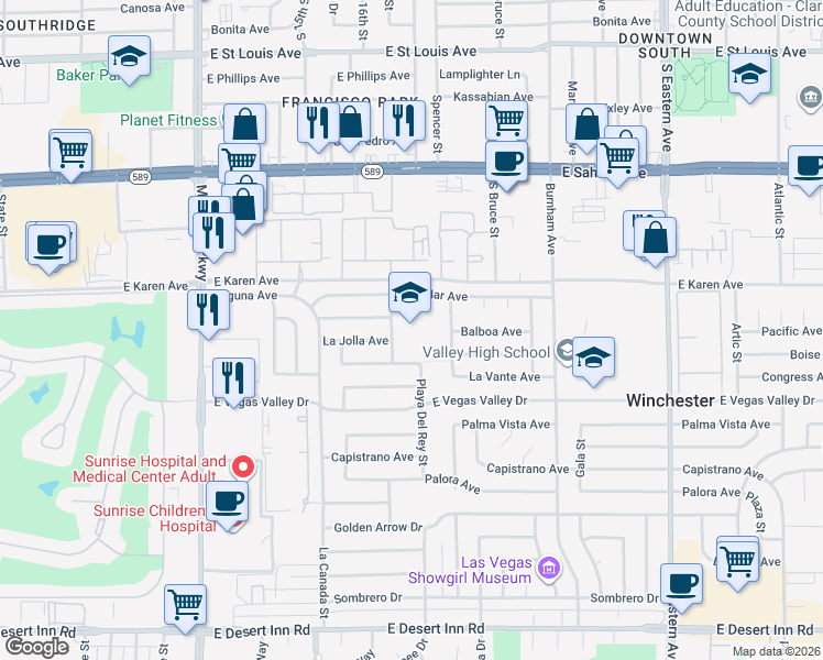 map of restaurants, bars, coffee shops, grocery stores, and more near 2904 Meteoro Street in Las Vegas