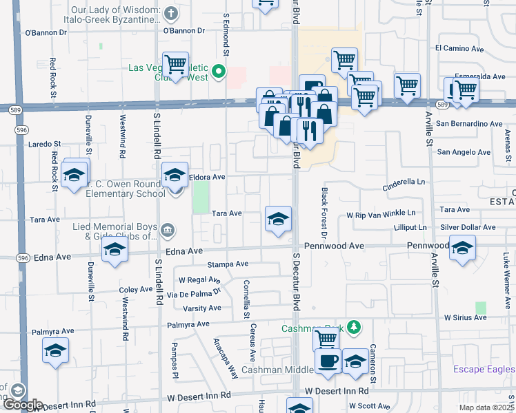 map of restaurants, bars, coffee shops, grocery stores, and more near 5070 Tara Avenue in Las Vegas