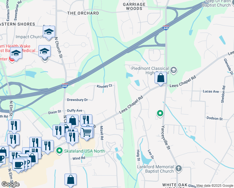 map of restaurants, bars, coffee shops, grocery stores, and more near 3916 Woodberry Lake Drive in Greensboro