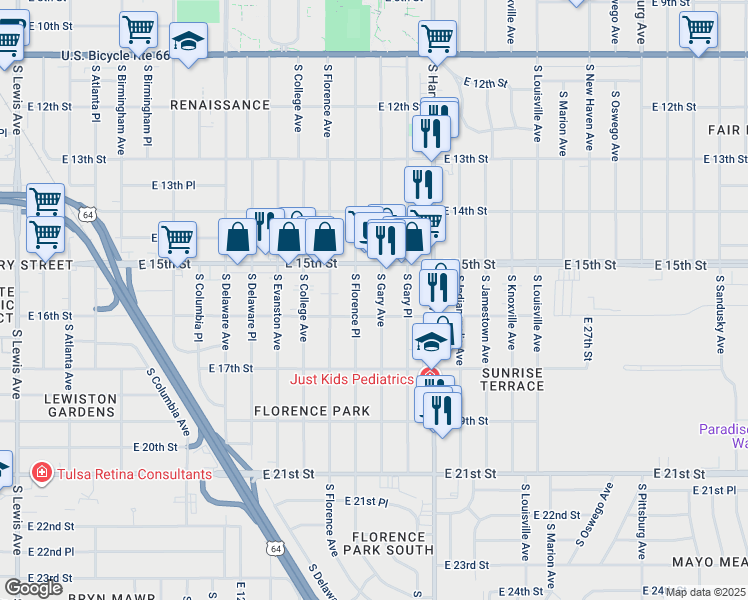 map of restaurants, bars, coffee shops, grocery stores, and more near 1532 South Gary Avenue in Tulsa