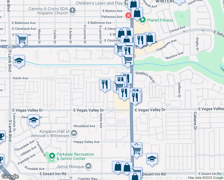 map of restaurants, bars, coffee shops, grocery stores, and more near 2725 South Nellis Boulevard in Las Vegas