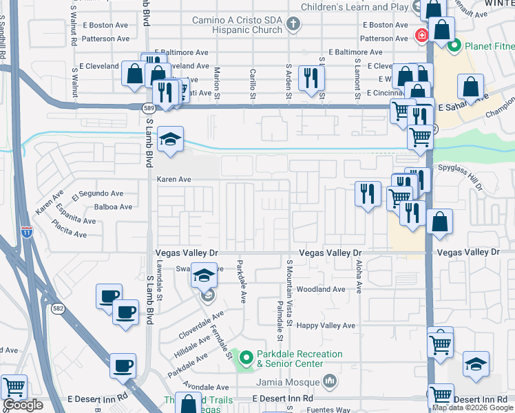 map of restaurants, bars, coffee shops, grocery stores, and more near 2763 Sidewinder Lane in Las Vegas