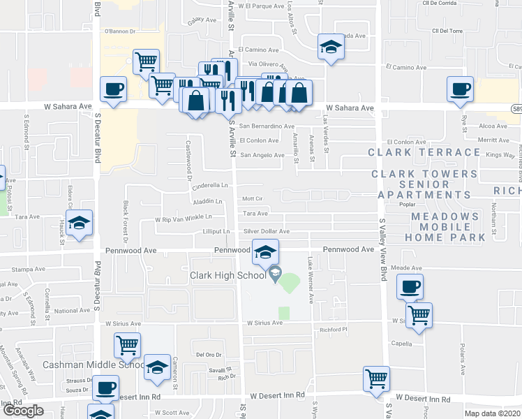 map of restaurants, bars, coffee shops, grocery stores, and more near 4317 Mott Circle in Las Vegas