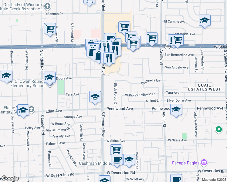 map of restaurants, bars, coffee shops, grocery stores, and more near 2921 Black Forest Drive in Las Vegas