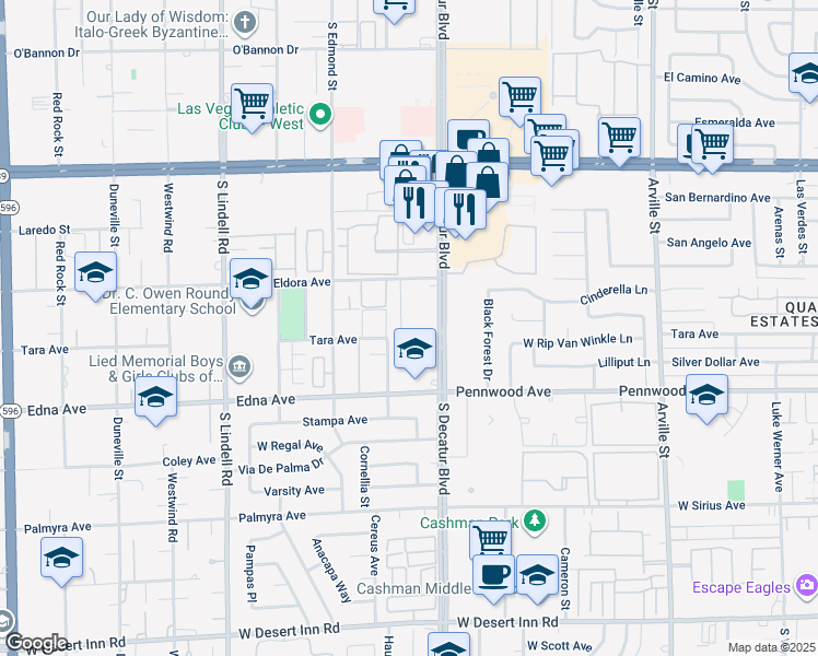 map of restaurants, bars, coffee shops, grocery stores, and more near 2772 Eldora Circle in Las Vegas