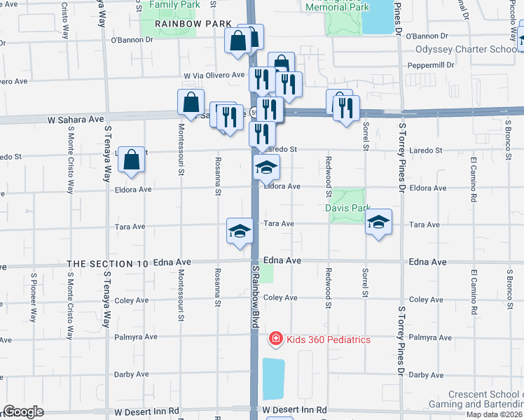 map of restaurants, bars, coffee shops, grocery stores, and more near 6870 Tara Avenue in Las Vegas
