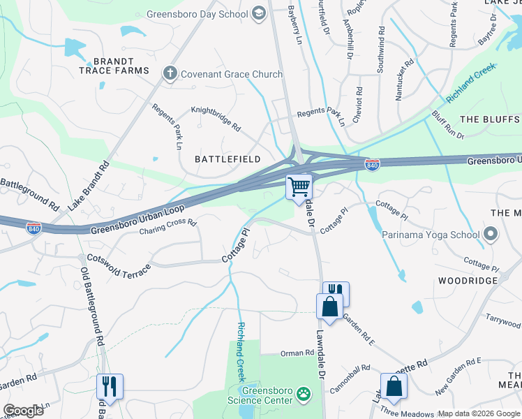 map of restaurants, bars, coffee shops, grocery stores, and more near 4901 Lawndale Drive in Greensboro