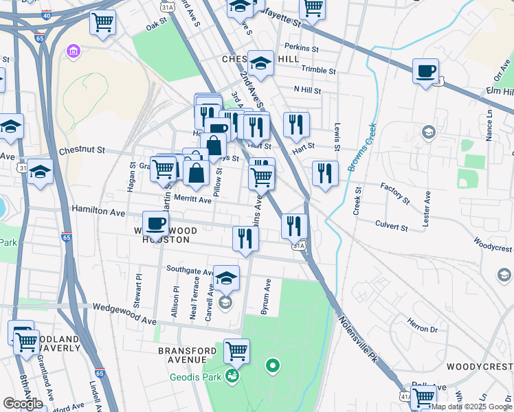 map of restaurants, bars, coffee shops, grocery stores, and more near 111 Rains Avenue in Nashville