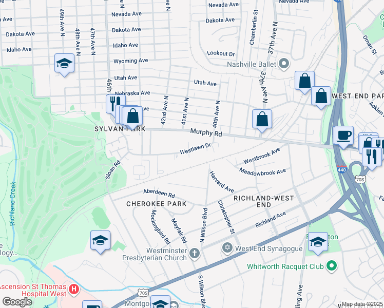 map of restaurants, bars, coffee shops, grocery stores, and more near 4025A Westlawn Drive in Nashville