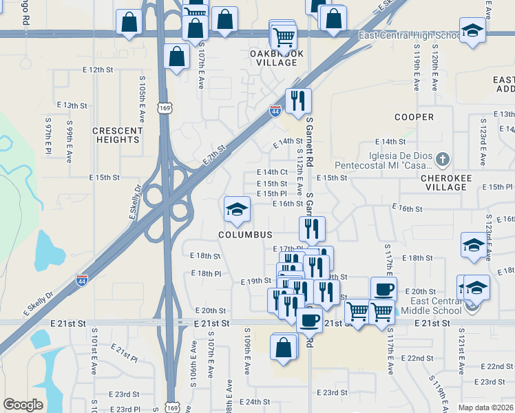 map of restaurants, bars, coffee shops, grocery stores, and more near 10905 East 16th Street in Tulsa