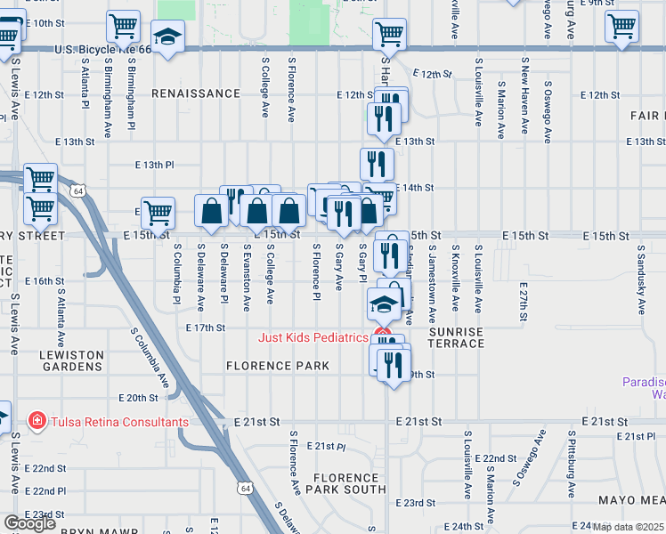 map of restaurants, bars, coffee shops, grocery stores, and more near 1532 South Gary Avenue in Tulsa