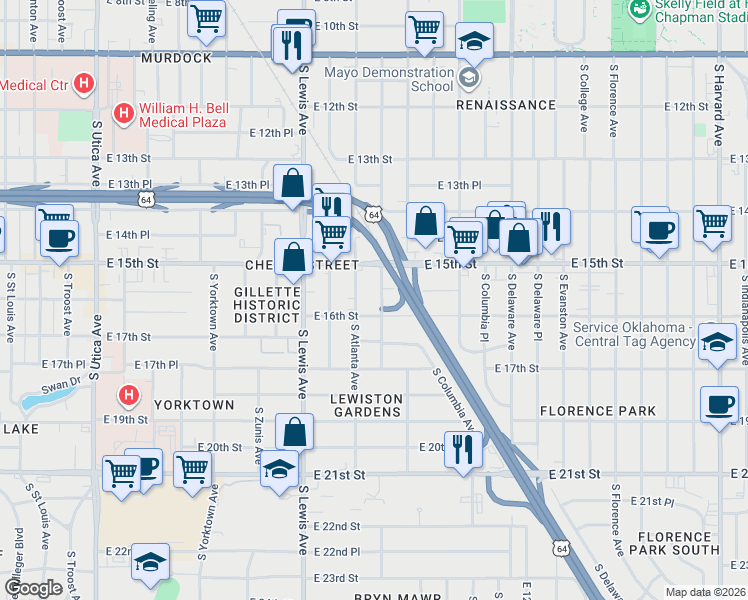 map of restaurants, bars, coffee shops, grocery stores, and more near 1532 South Atlanta Place in Tulsa