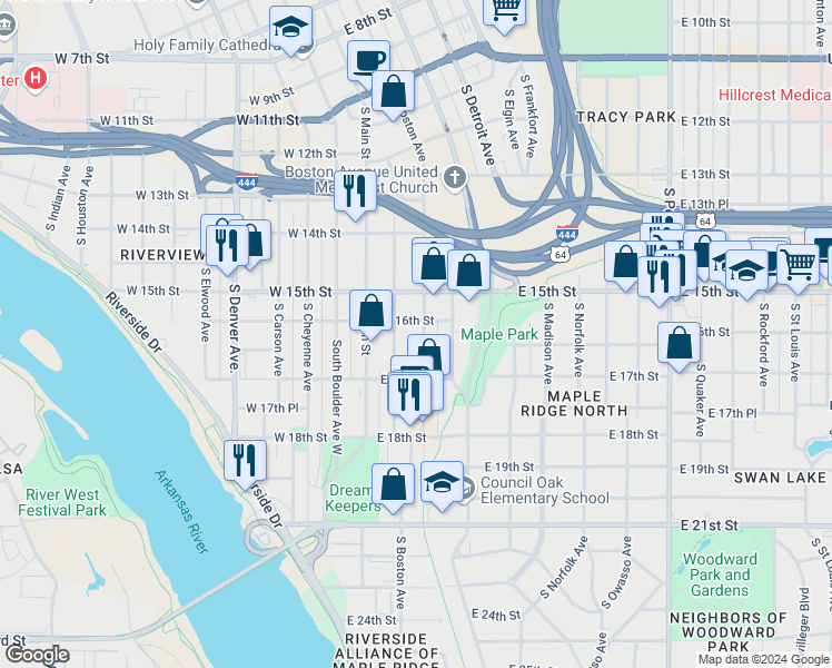 map of restaurants, bars, coffee shops, grocery stores, and more near 1601 South Boston Avenue in Tulsa