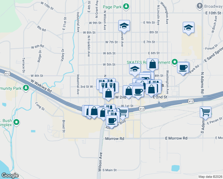 map of restaurants, bars, coffee shops, grocery stores, and more near 218 North Cleveland Avenue in Sand Springs