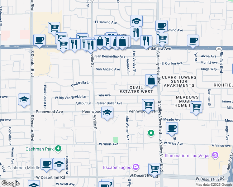 map of restaurants, bars, coffee shops, grocery stores, and more near 2851 South Valley View Boulevard in Las Vegas