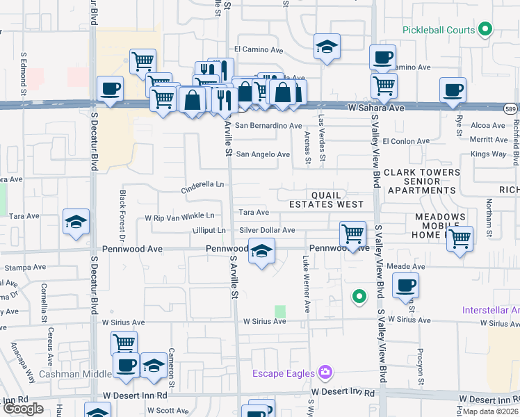 map of restaurants, bars, coffee shops, grocery stores, and more near 4264 Tara Avenue in Las Vegas