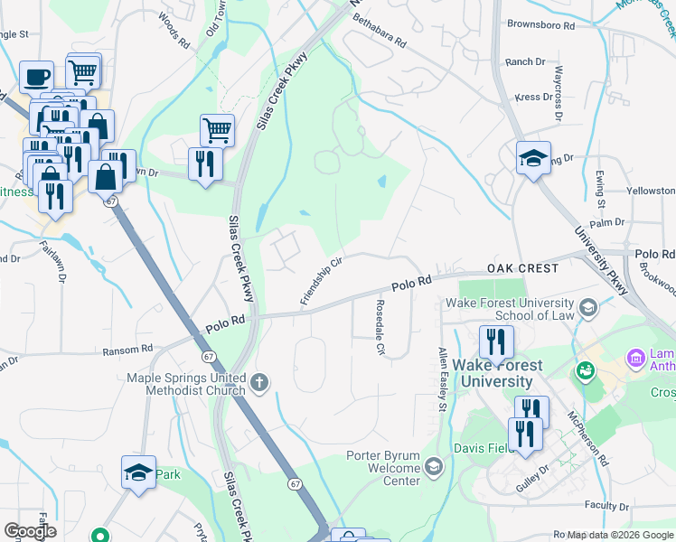 map of restaurants, bars, coffee shops, grocery stores, and more near 321 Friendship Circle in Winston-Salem