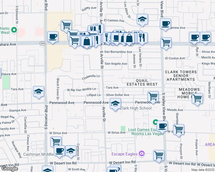 map of restaurants, bars, coffee shops, grocery stores, and more near 4332 Tara Avenue in Las Vegas
