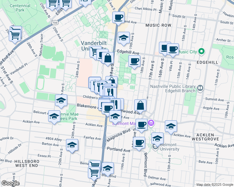map of restaurants, bars, coffee shops, grocery stores, and more near 403 Village at Vanderbilt in Nashville
