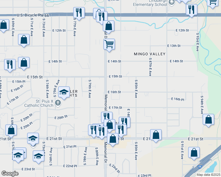 map of restaurants, bars, coffee shops, grocery stores, and more near 1535 South Memorial Drive in Tulsa