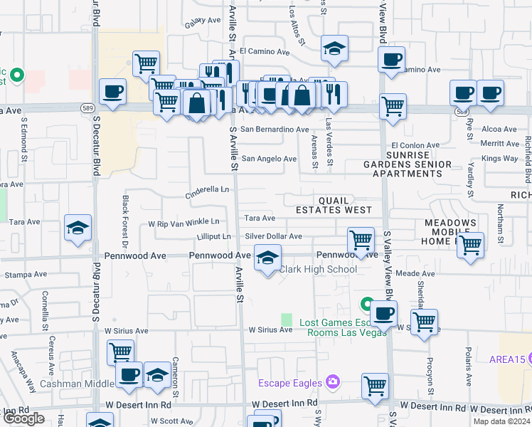 map of restaurants, bars, coffee shops, grocery stores, and more near 4264 Tara Avenue in Las Vegas