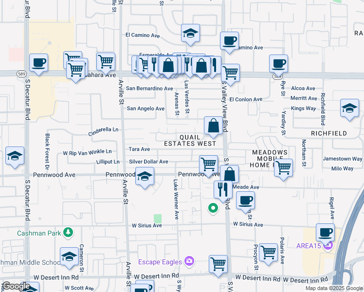 map of restaurants, bars, coffee shops, grocery stores, and more near 2851 South Valley View Boulevard in Las Vegas