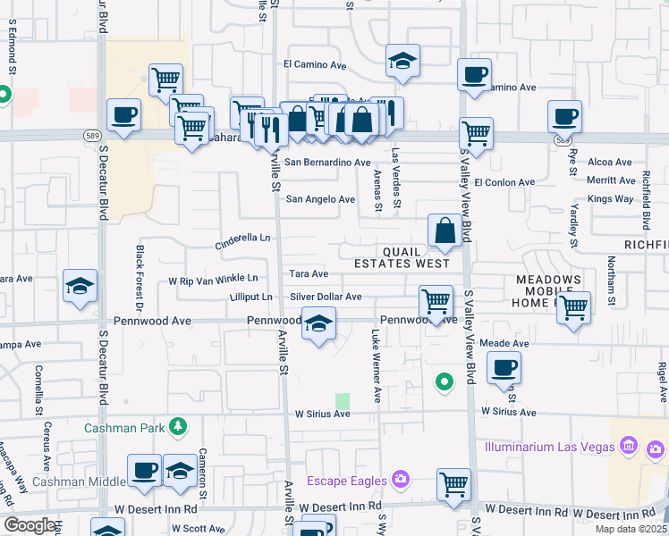 map of restaurants, bars, coffee shops, grocery stores, and more near 2851 South Valley View Boulevard in Las Vegas