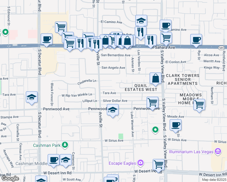 map of restaurants, bars, coffee shops, grocery stores, and more near 4248 Tara Avenue in Las Vegas