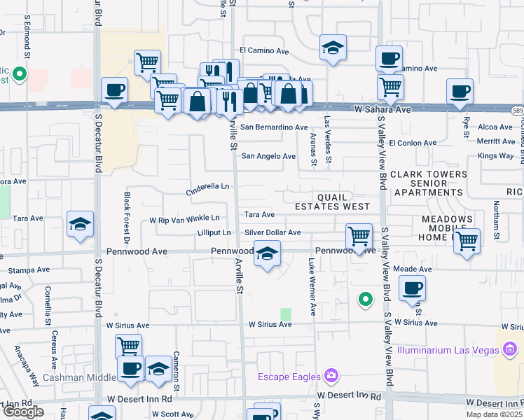 map of restaurants, bars, coffee shops, grocery stores, and more near 4280 Tara Avenue in Las Vegas