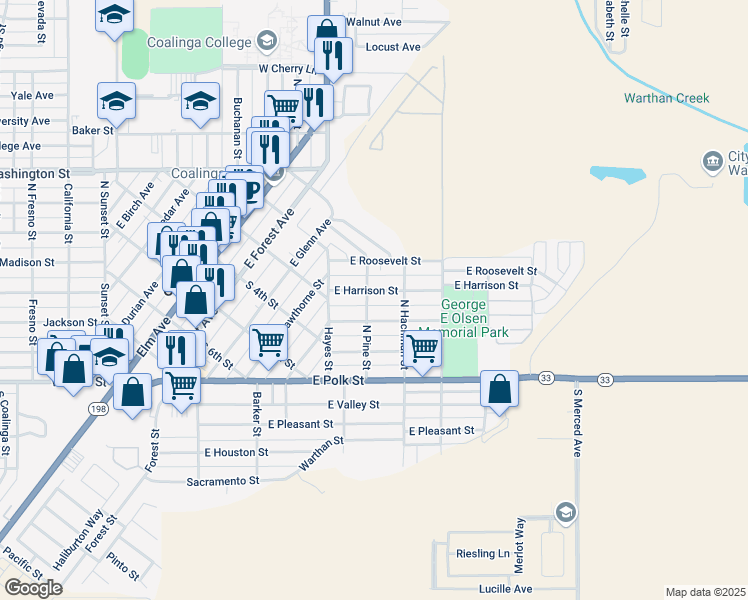 map of restaurants, bars, coffee shops, grocery stores, and more near 212 Harrison Street in Coalinga
