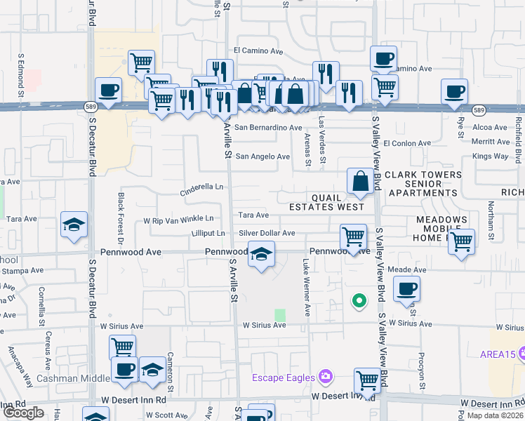 map of restaurants, bars, coffee shops, grocery stores, and more near 4201 Tara Avenue in Las Vegas