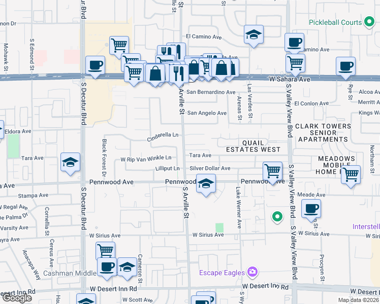 map of restaurants, bars, coffee shops, grocery stores, and more near 4317 Mott Circle in Las Vegas