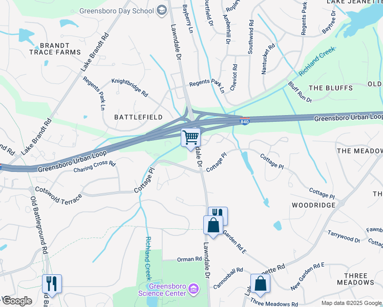 map of restaurants, bars, coffee shops, grocery stores, and more near 4709 Lawndale Drive in Greensboro