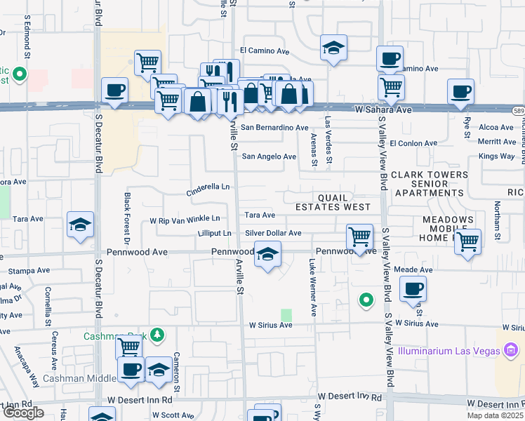 map of restaurants, bars, coffee shops, grocery stores, and more near 4280 Tara Avenue in Las Vegas