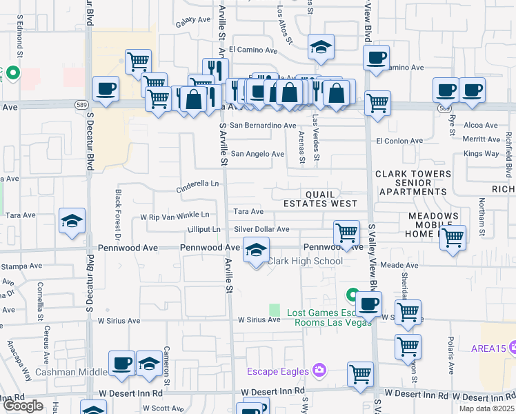map of restaurants, bars, coffee shops, grocery stores, and more near 4248 Tara Avenue in Las Vegas